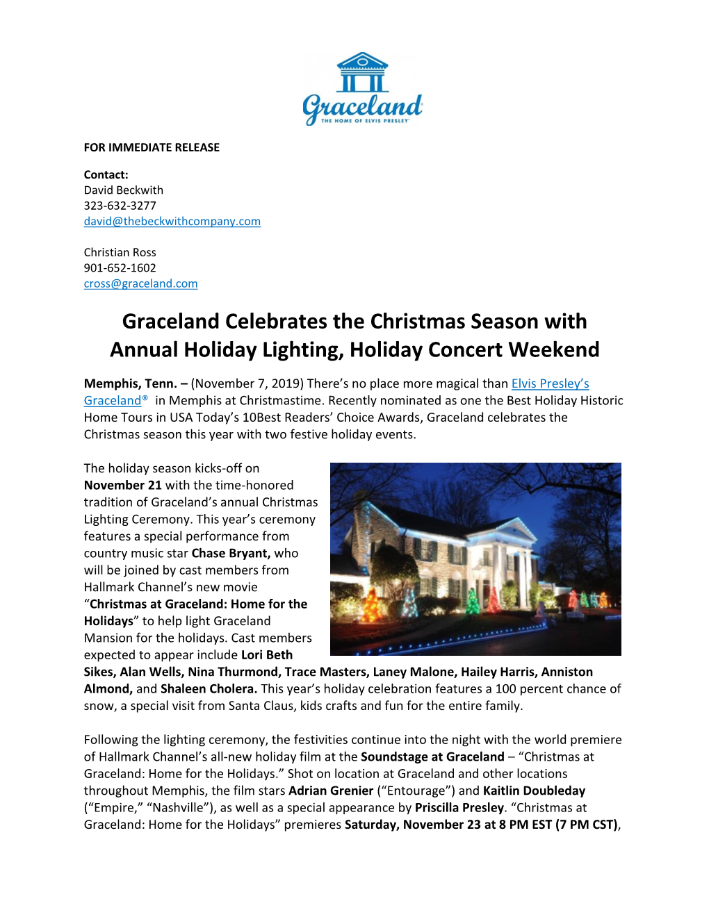 Graceland Celebrates the Christmas Season with Annual Holiday Lighting, Holiday Concert Weekend
