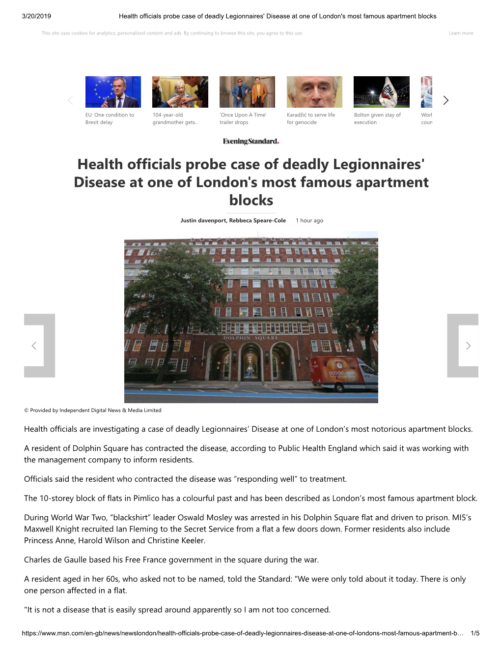 Dolphin Square Has Contracted the Disease, According to Public Health England Which Said It Was Working with the Management Company to Inform Residents
