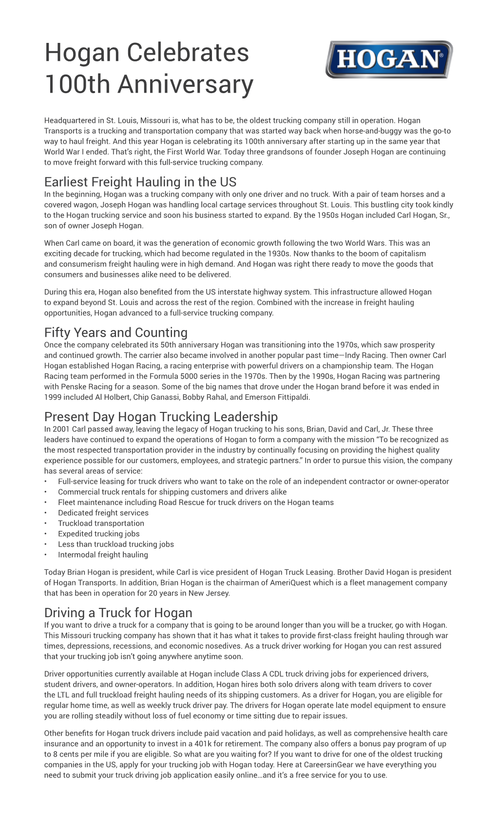 Hogan Trucking 100Th Anniversary