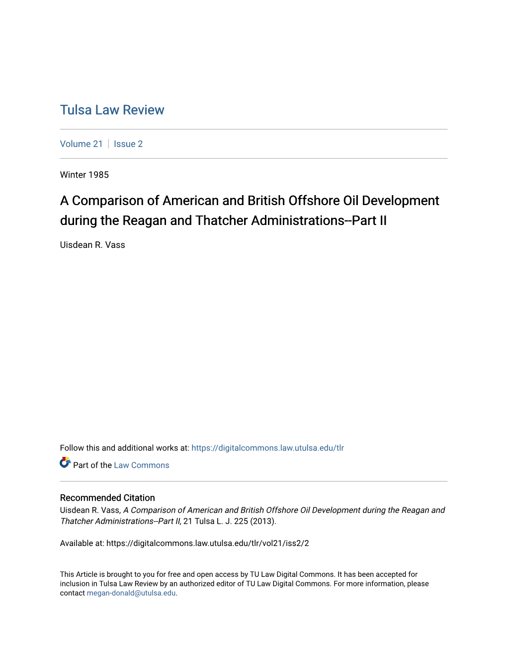 A Comparison of American and British Offshore Oil Development During the Reagan and Thatcher Administrations--Part II