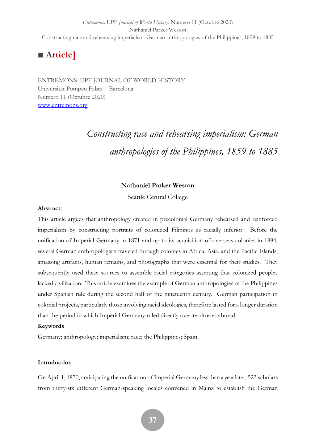 Constructing Race and Rehearsing Imperialism: German Anthropologies of the Philippines, 1859 to 1885