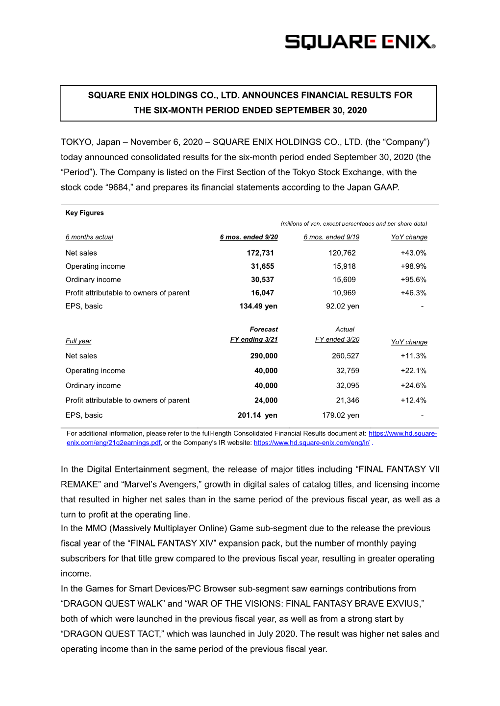 Press Release for the Six-Month Period Ended September 30, 2020