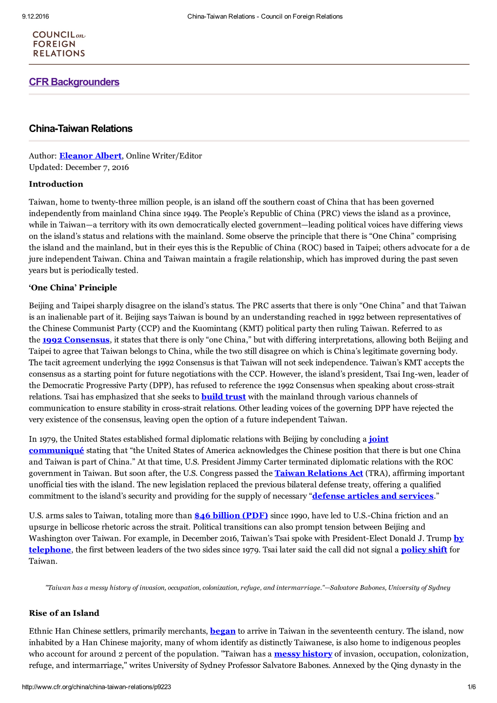 CFR Backgrounders Chinataiwan Relations