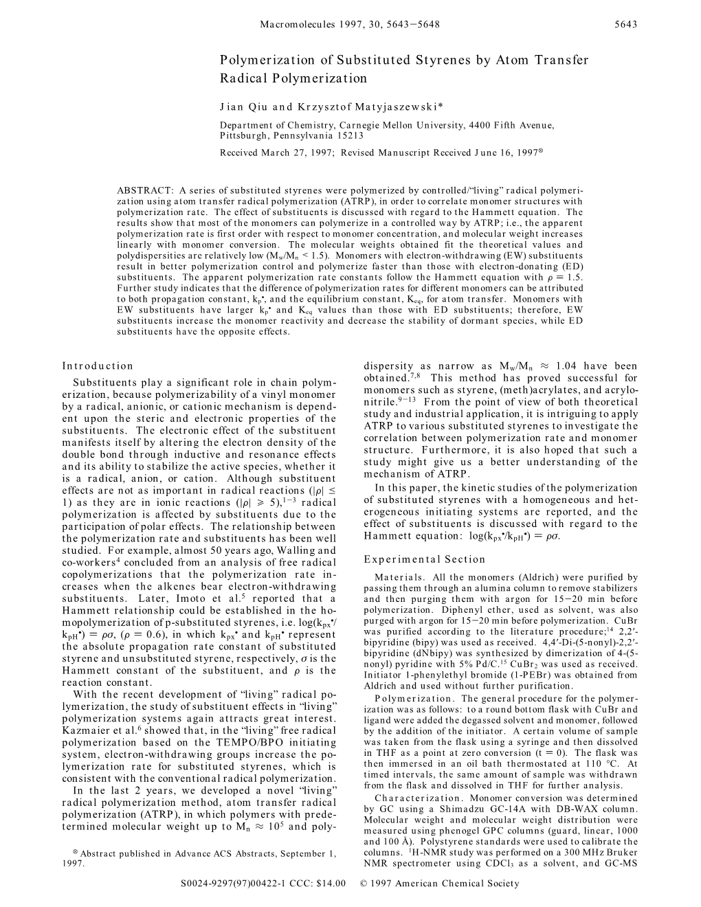 Polymerization of Substituted Styrenes by Atom Transfer Radical Polymerization