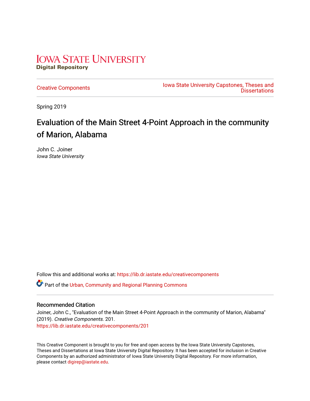 Evaluation of the Main Street 4-Point Approach in the Community of Marion, Alabama