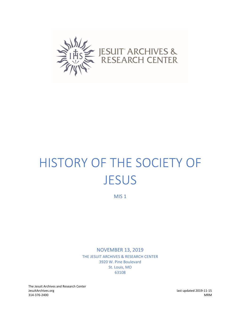 MIS RG 1 History of the Society of Jesus