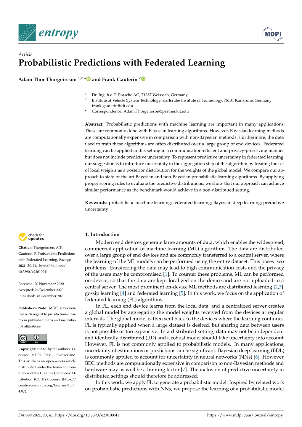 Probabilistic Predictions with Federated Learning