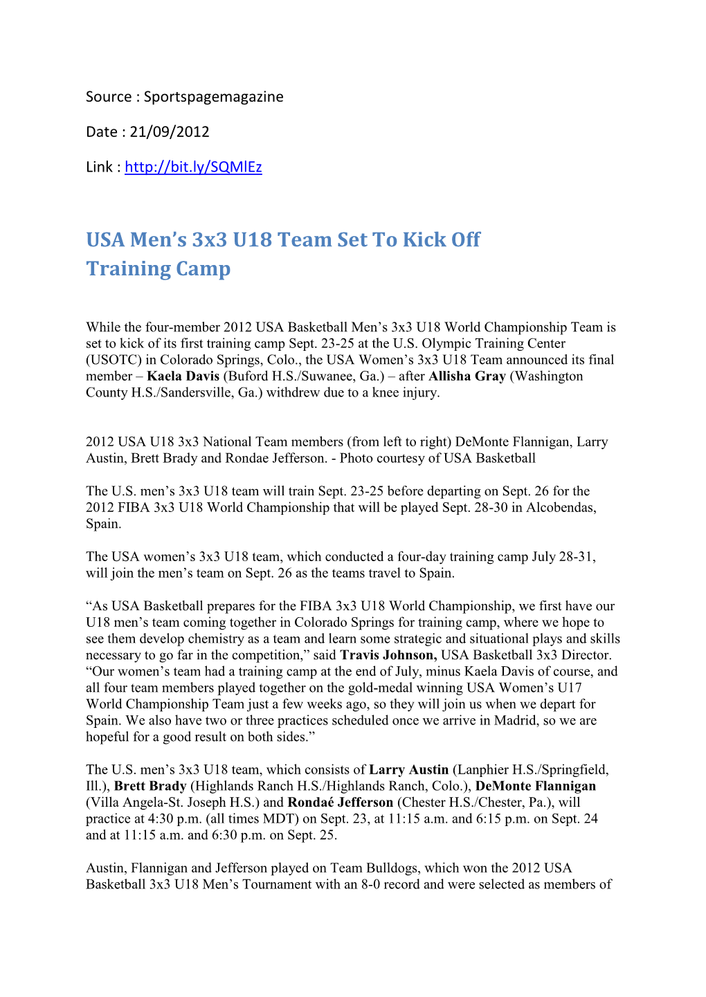 USA Men's 3X3 U18 Team Set to Kick Off Training Camp