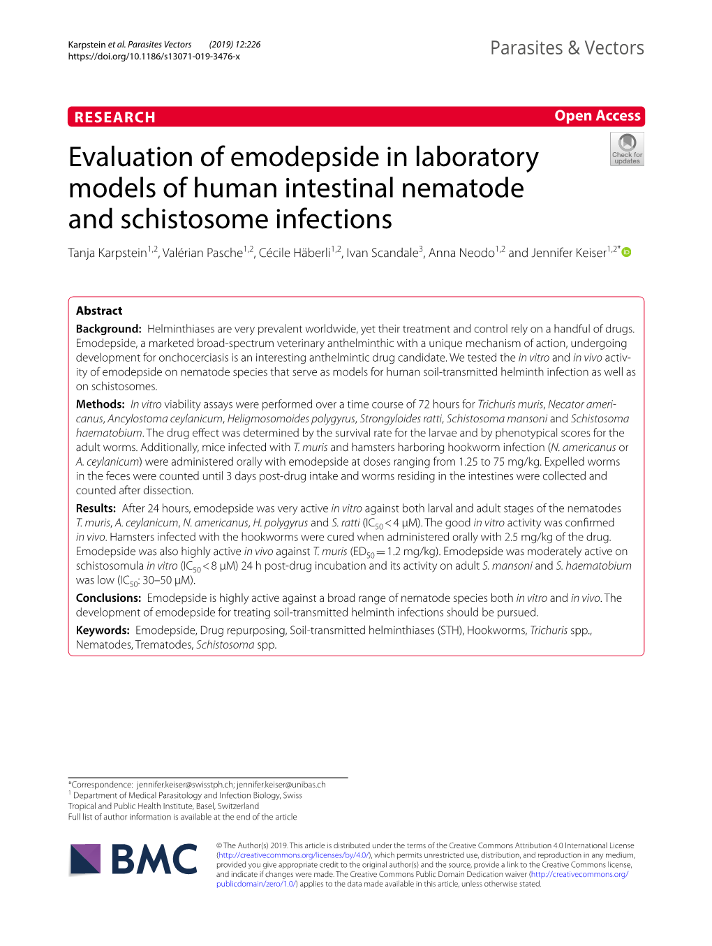 Evaluation of Emodepside in Laboratory Models of Human Intestinal Nematode and Schistosome Infections