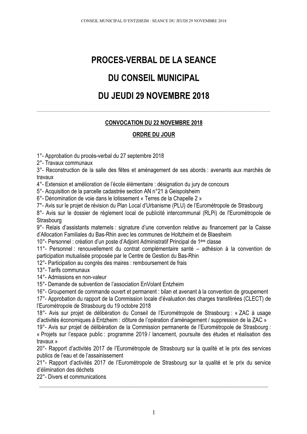 Proces-Verbal De La Seance Du Conseil Municipal Du Jeudi 29 Novembre 2018