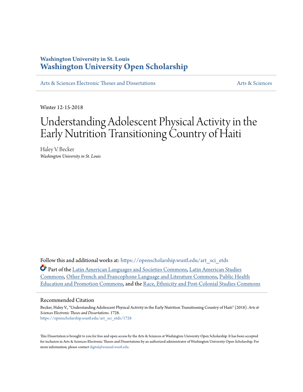 Understanding Adolescent Physical Activity in the Early Nutrition Transitioning Country of Haiti Haley V