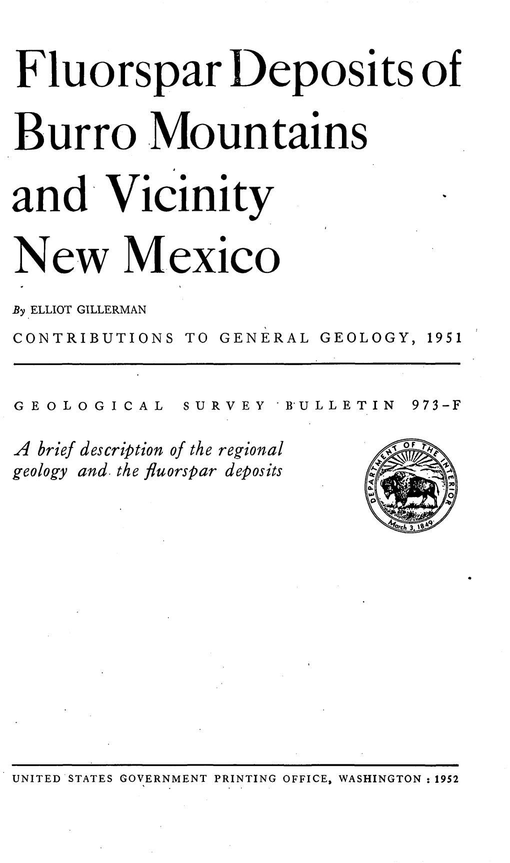 Fluorspar Deposits of Burro Mountains and Vicinity New Mexico