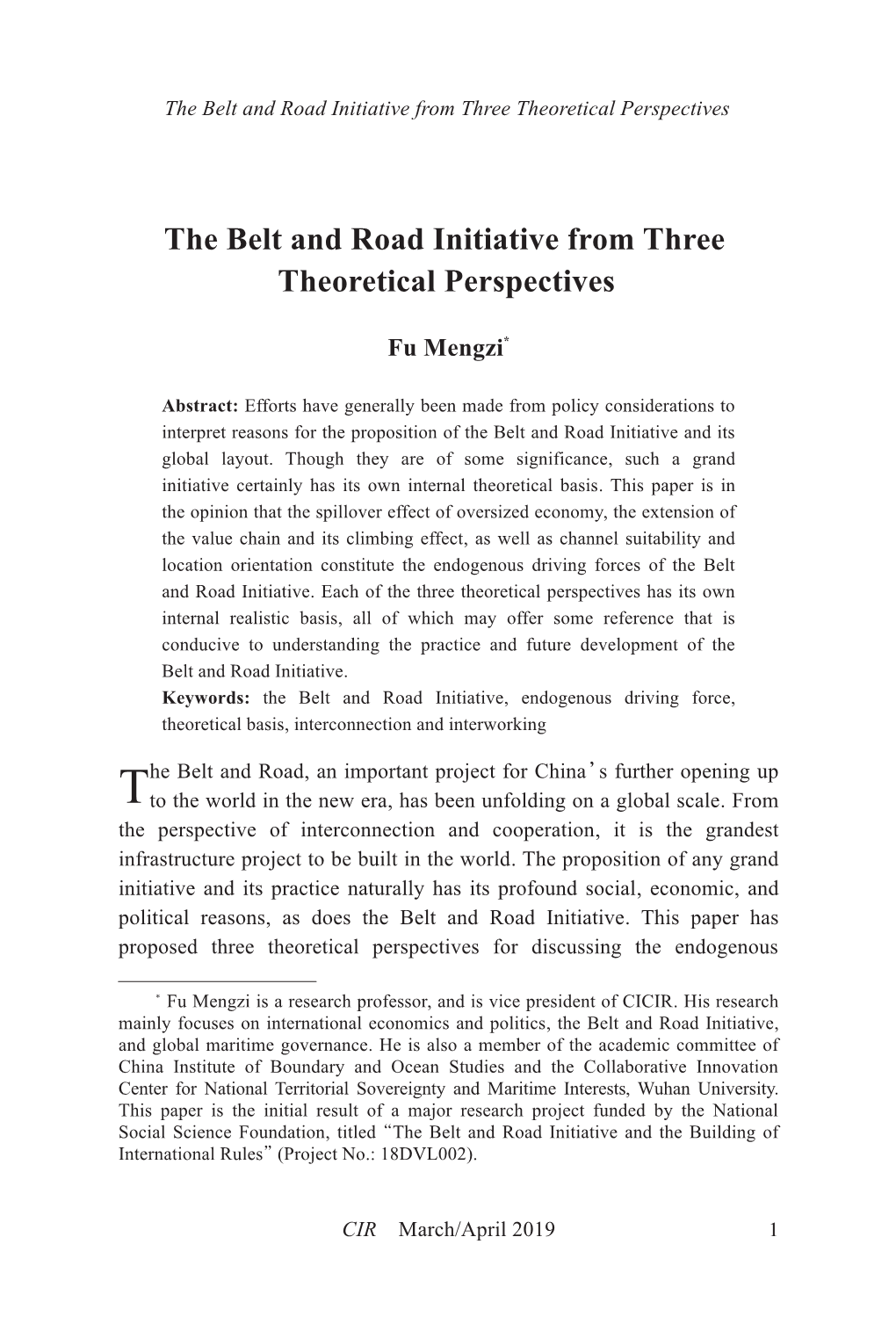 The Belt and Road Initiative from Three Theoretical Perspectives