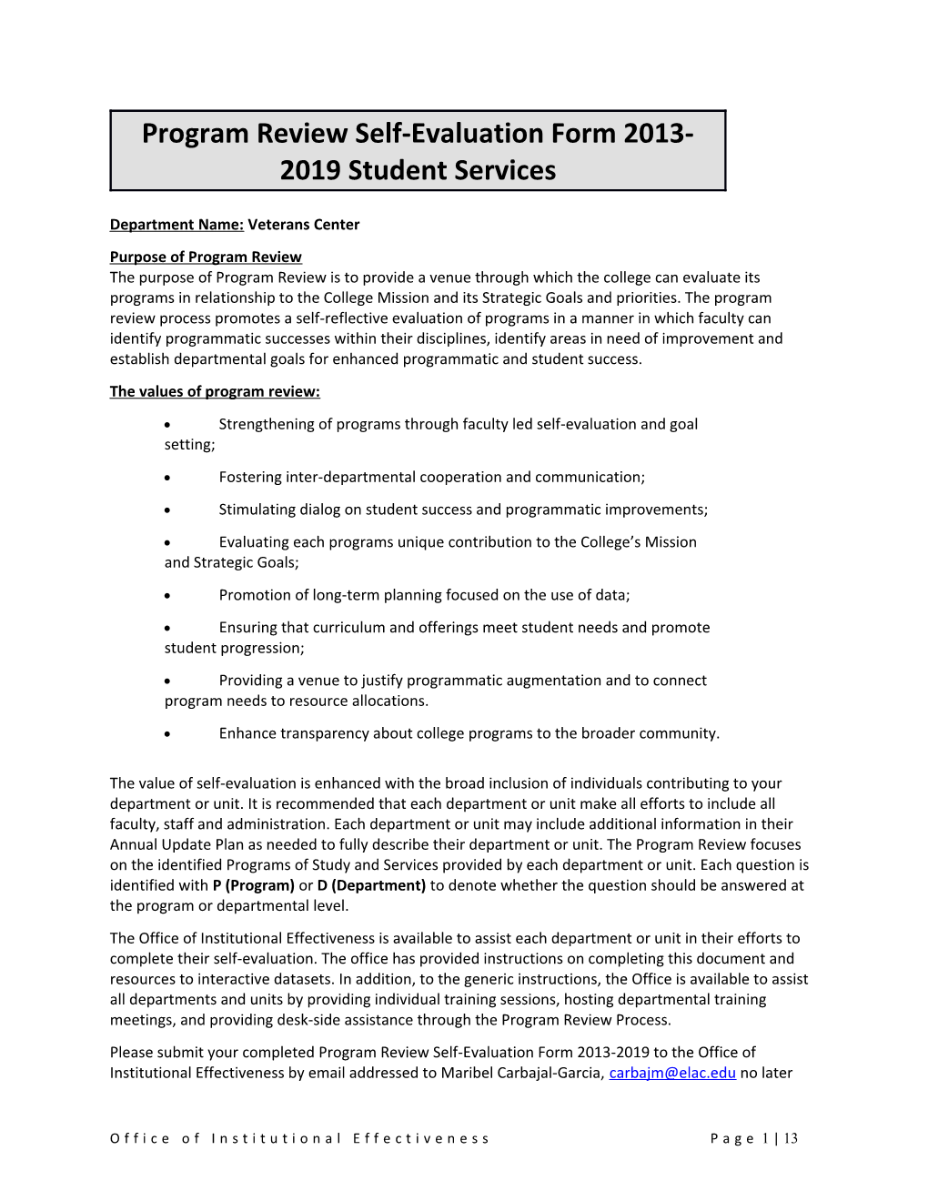 Program Review Self-Evaluation Form 2013-2019 Student Services