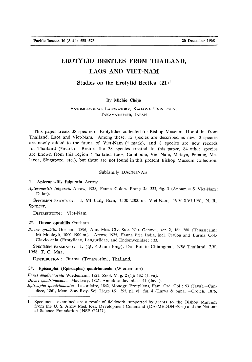 EROTYLID BEETLES from THAILAND, LAOS and VIET-NAM Studies on the Erotylid Beetles (21)1