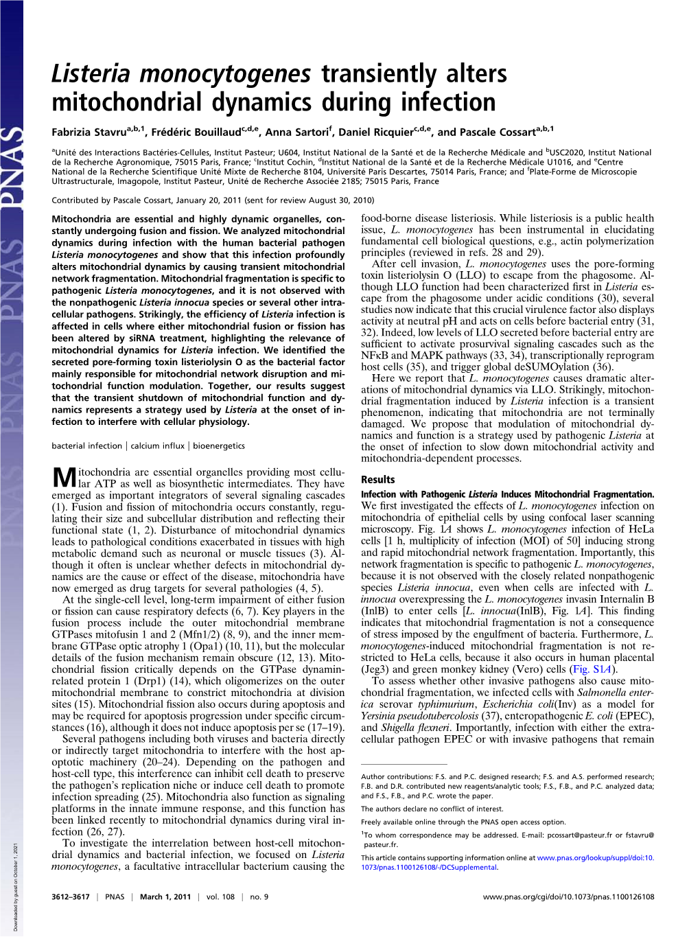 Listeria Monocytogenes Transiently Alters Mitochondrial Dynamics During Infection