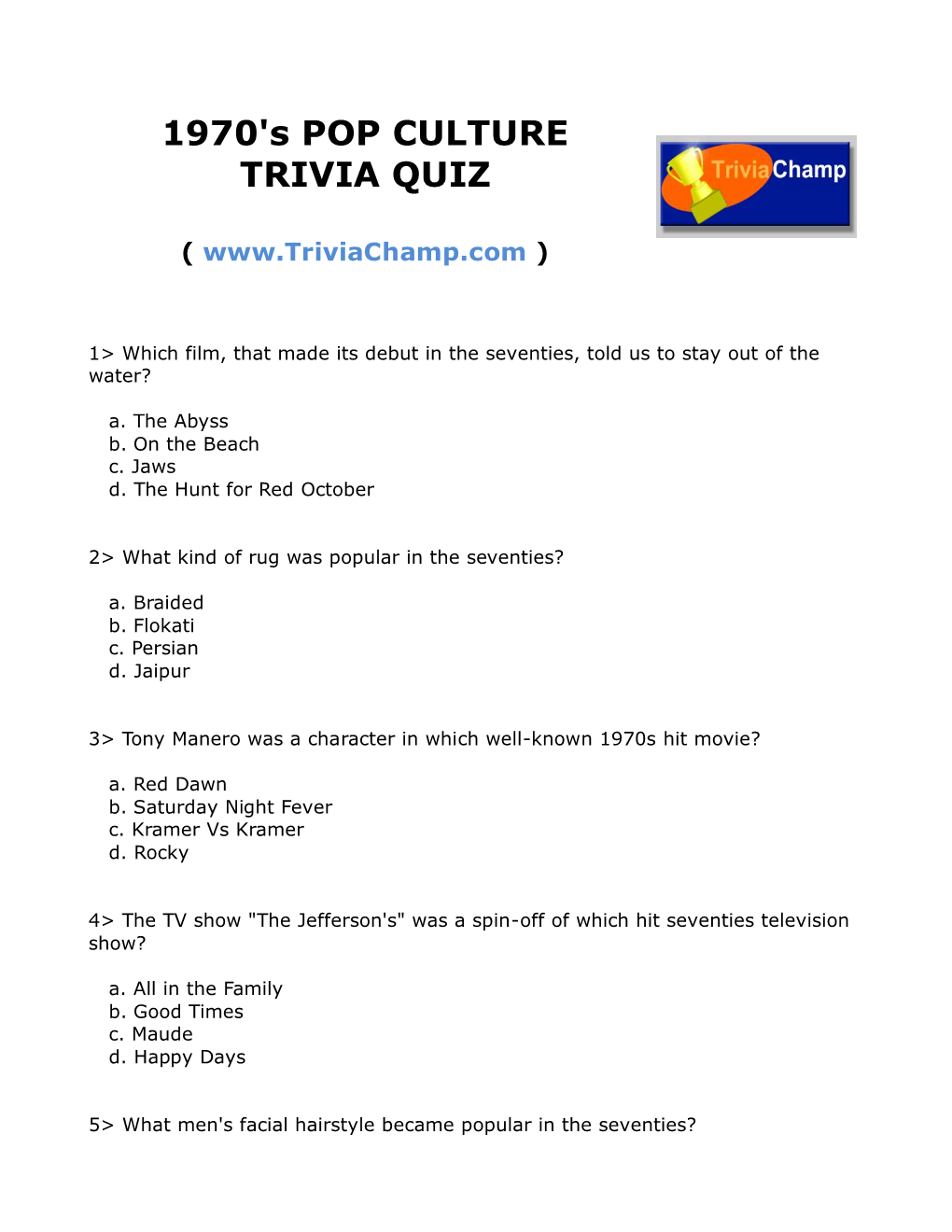 1970'S POP CULTURE TRIVIA QUIZ