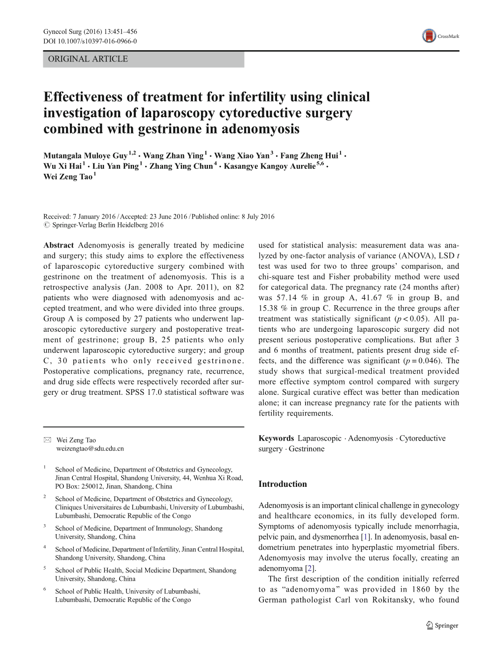 Effectiveness of Treatment for Infertility Using Clinical Investigation of Laparoscopy Cytoreductive Surgery Combined with Gestrinone in Adenomyosis