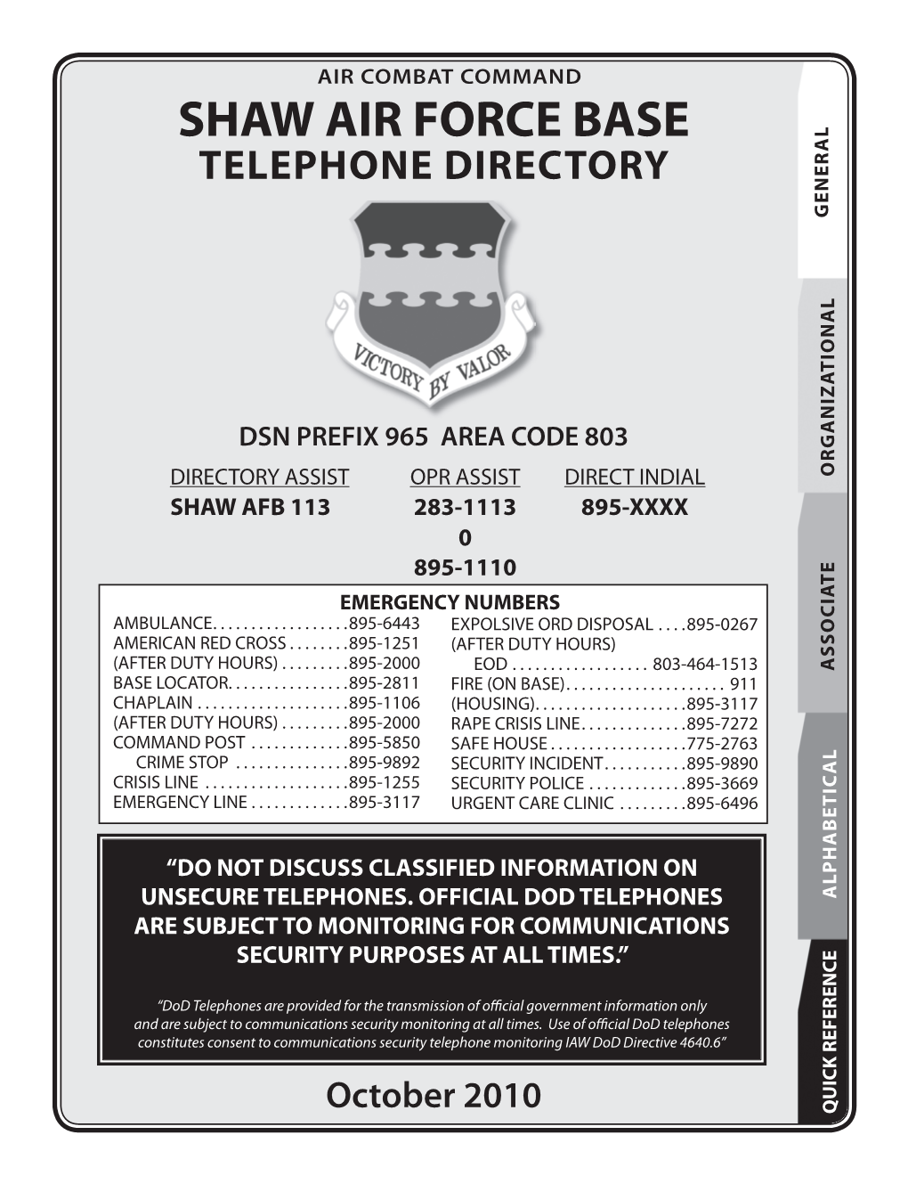 Shaw Air Force Base Telephone Directory General