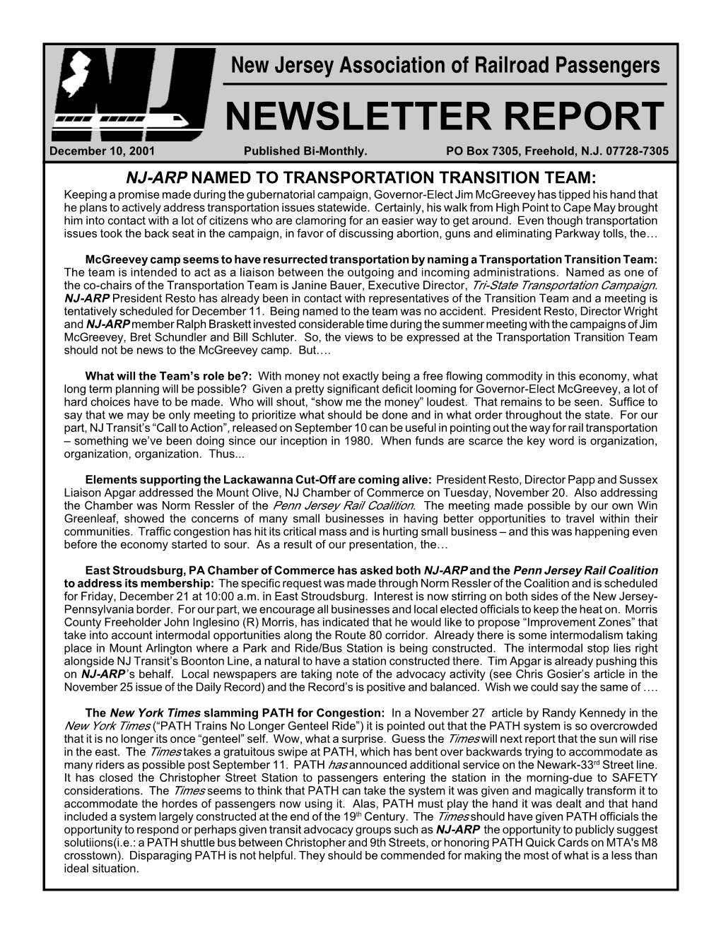 NEWSLETTER REPORT December 10, 2001 Published Bi-Monthly