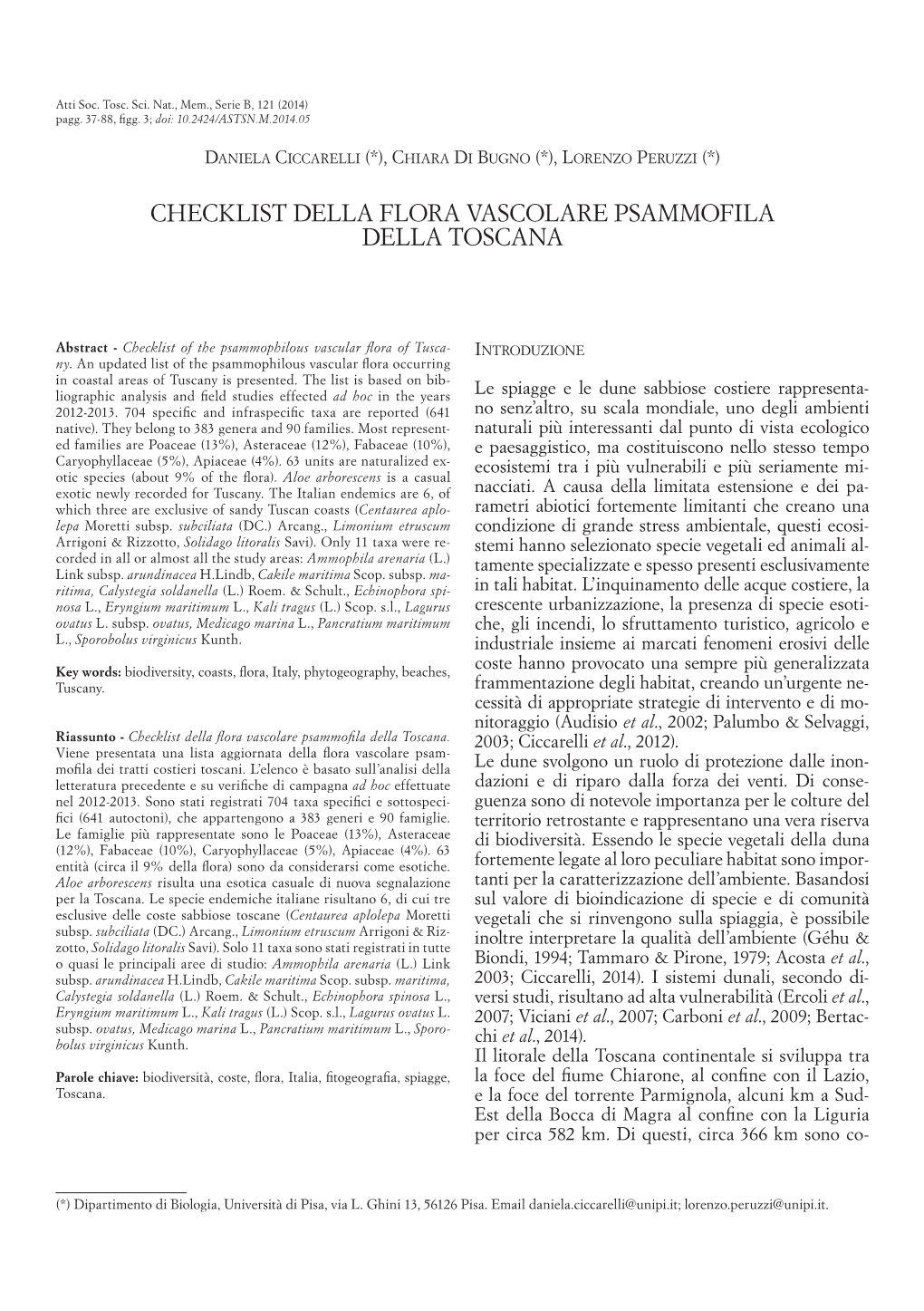 Checklist Della Flora Vascolare Psammofila Della Toscana