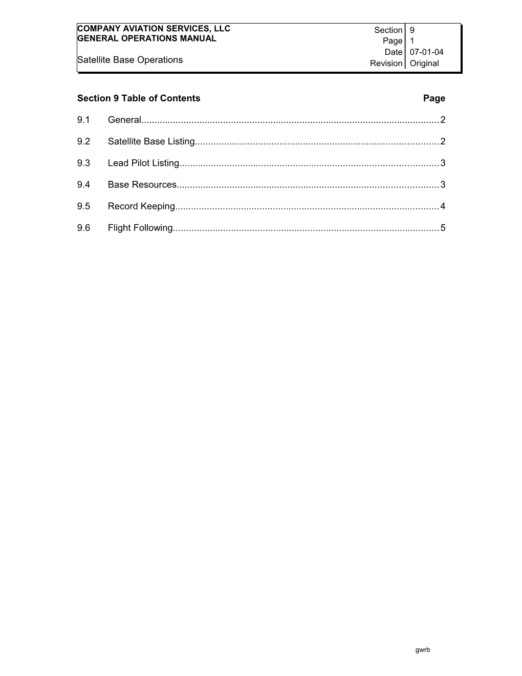 Section 9 Table of Contents Page