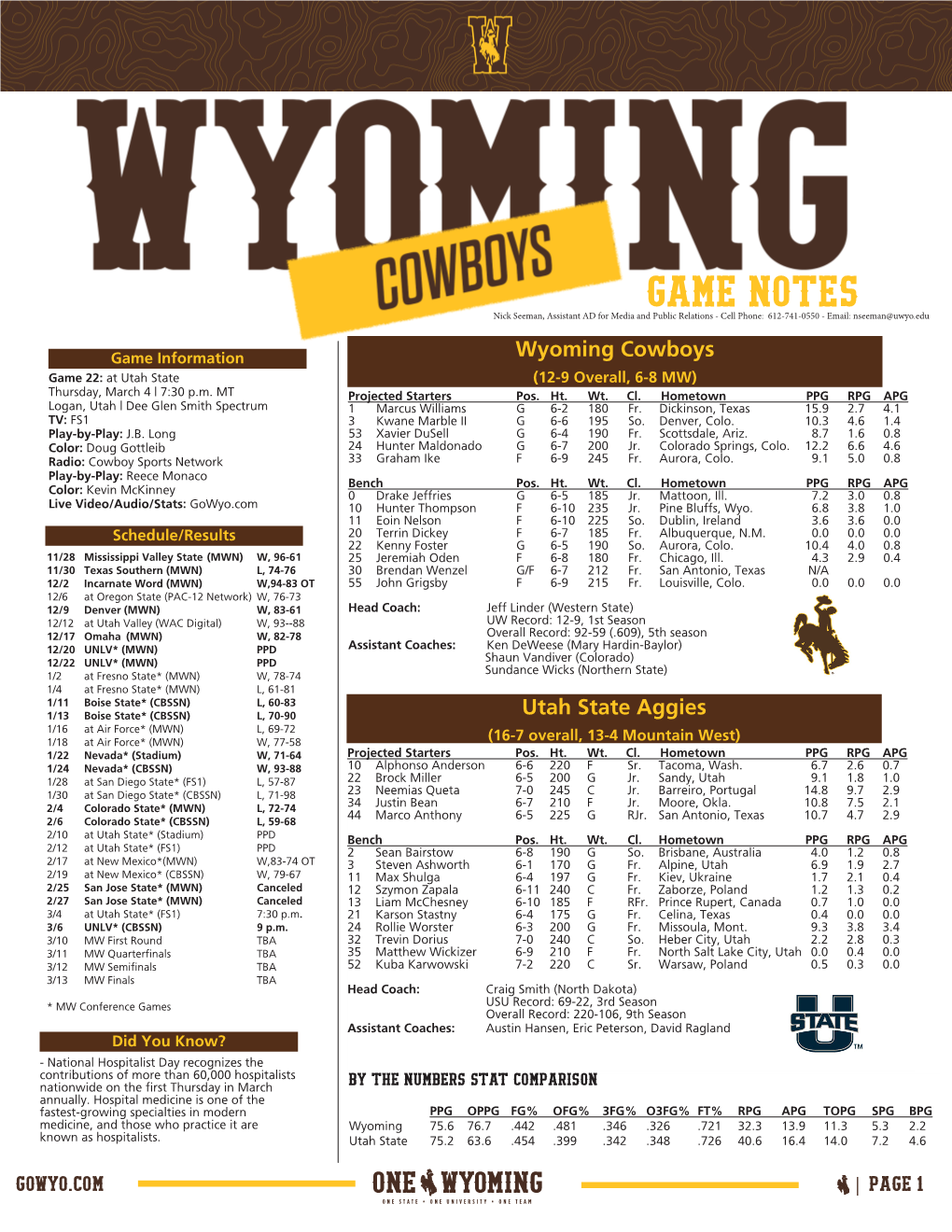 GAME NOTES Nick Seeman, Assistant AD for Media and Public Relations - Cell Phone: 612-741-0550 - Email: Nseeman@Uwyo.Edu