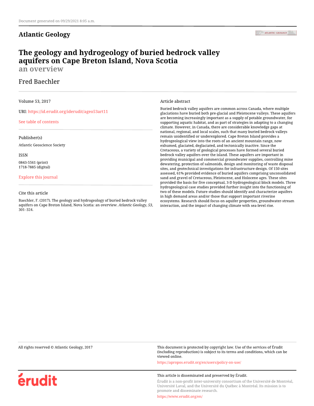 The Geology and Hydrogeology of Buried Bedrock Valley Aquifers on Cape Breton Island, Nova Scotia an Overview Fred Baechler