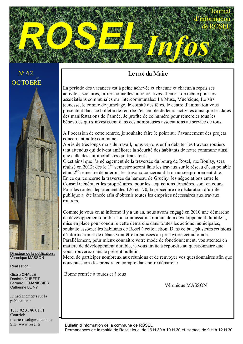 Le Mot Du Maire Journal D'information De ROSEL N° 62 OCTOBRE