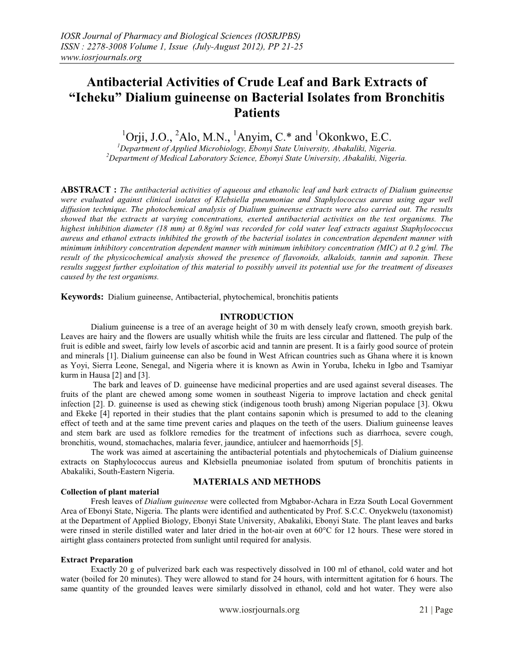 Antibacterial Activities of Crude Leaf and Bark Extracts of “Icheku” Dialium Guineense on Bacterial Isolates from Bronchitis