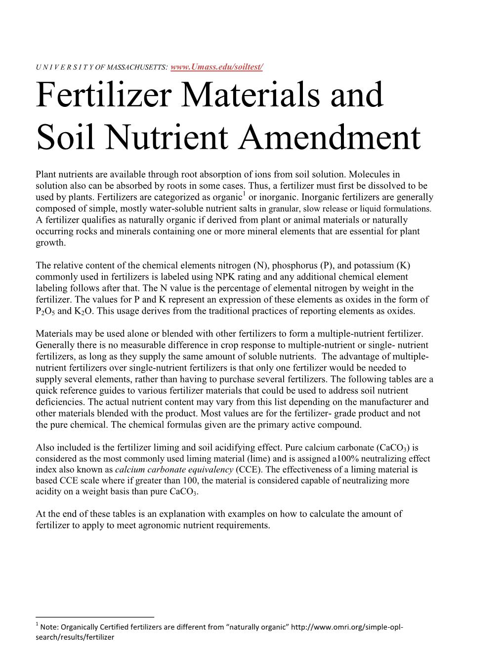 Fertilizer Materials and Soil Nutrient Amendment
