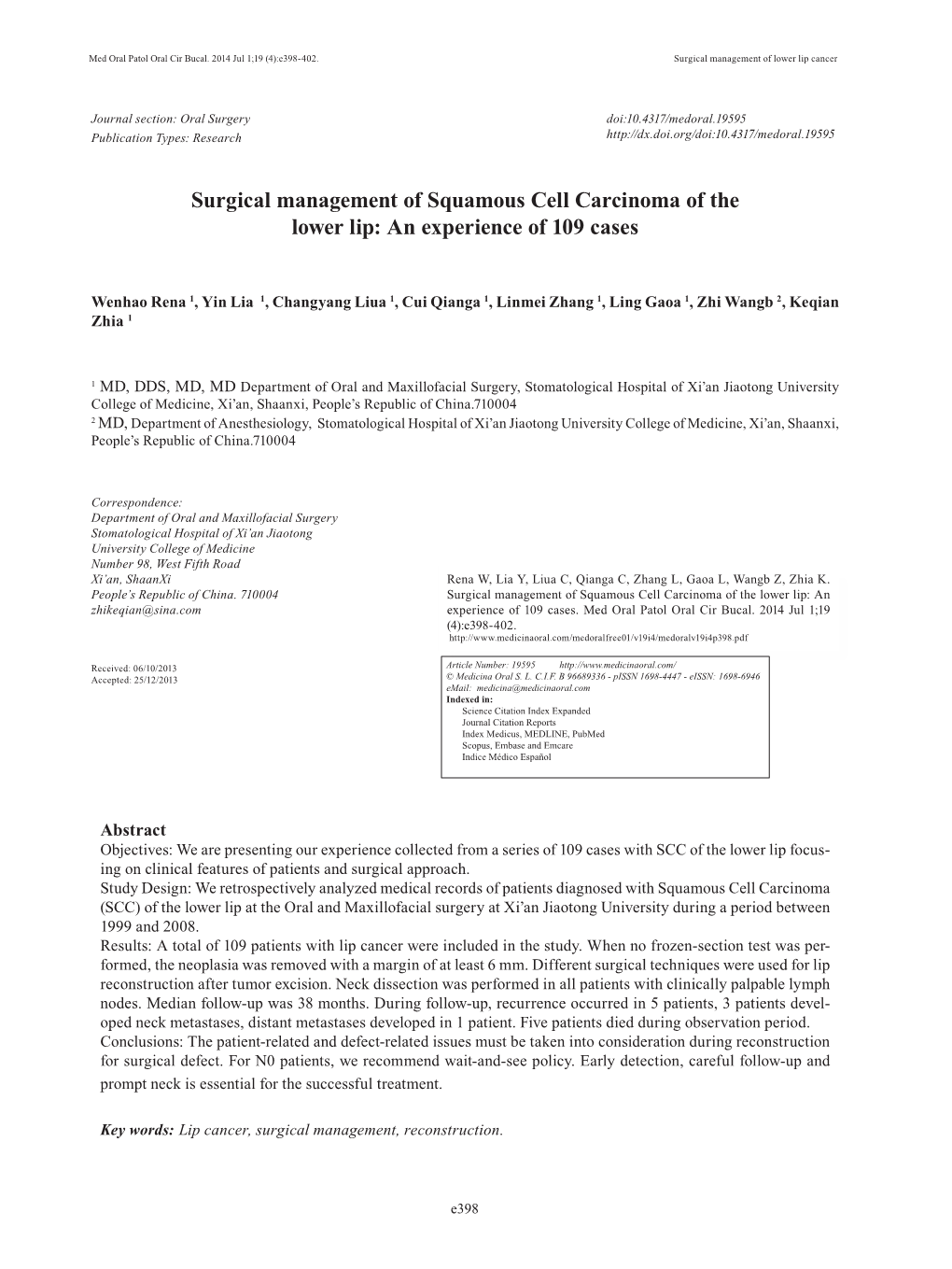 Surgical Management of Squamous Cell Carcinoma of the Lower Lip: an Experience of 109 Cases