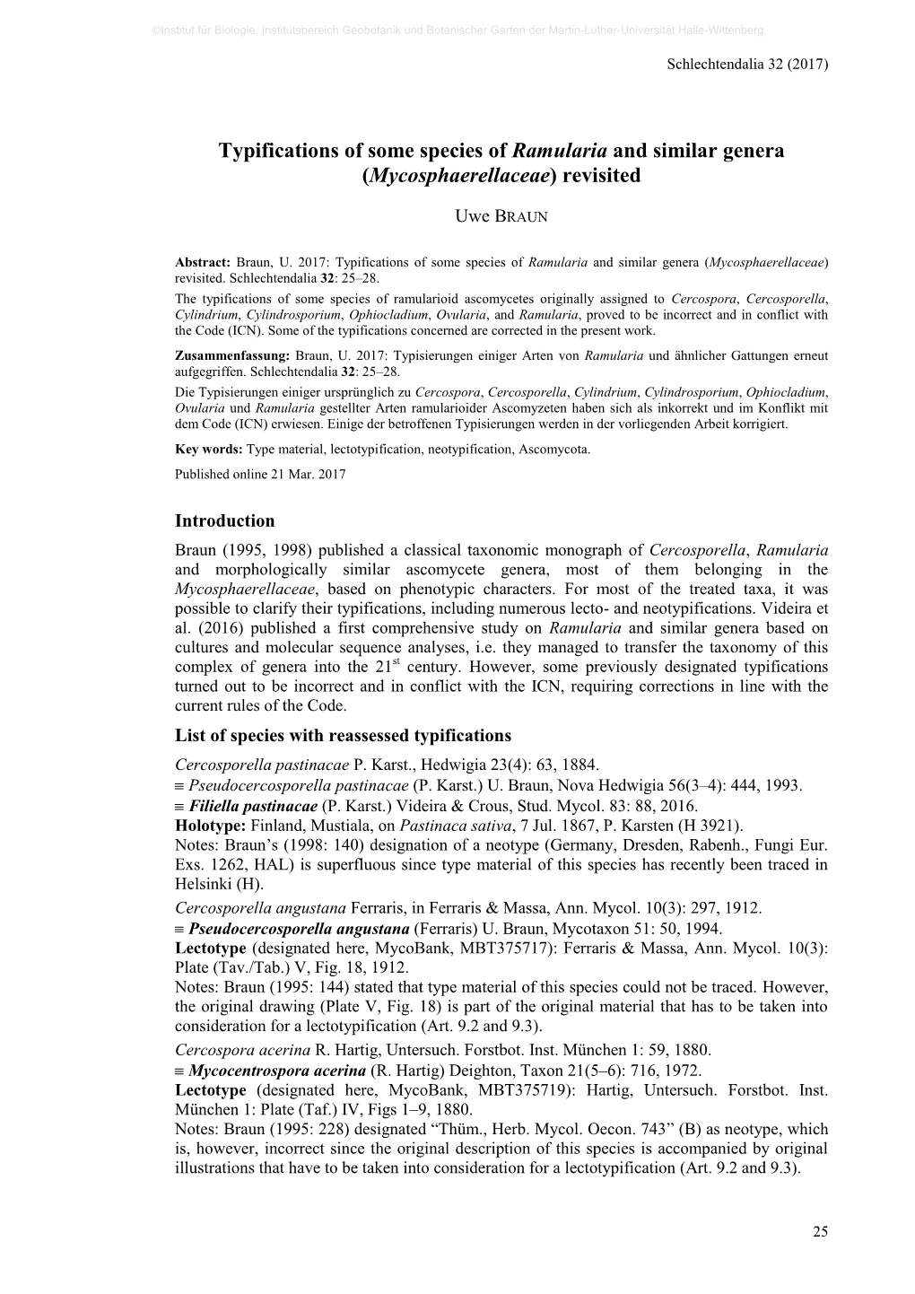 Typifications of Some Species of Ramularia and Similar Genera (Mycosphaerellaceae) Revisited