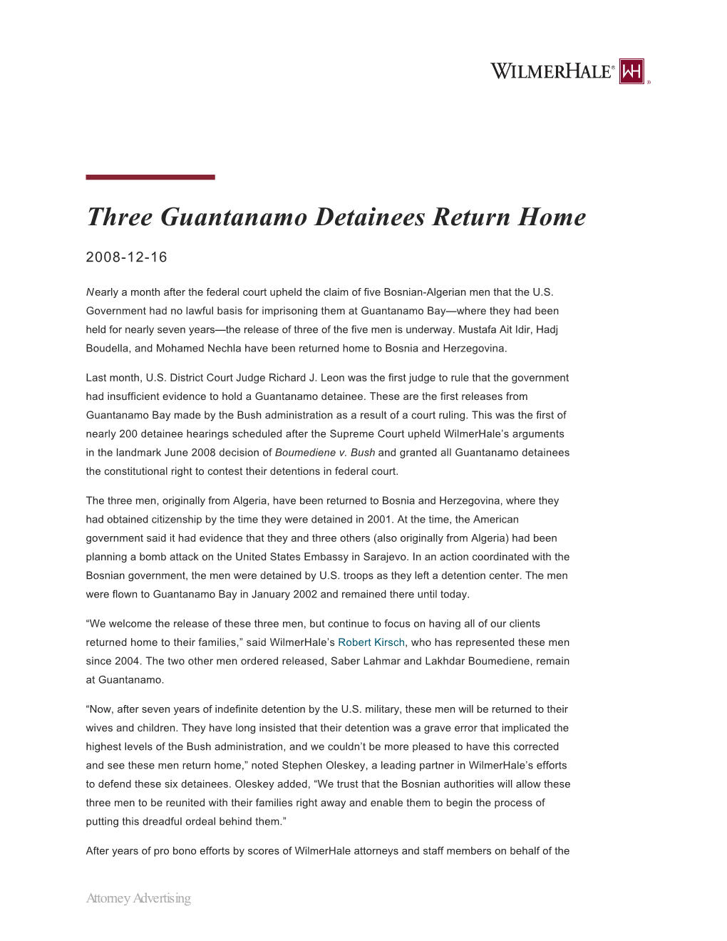 Three Guantanamo Detainees Return Home | Wilmerhale