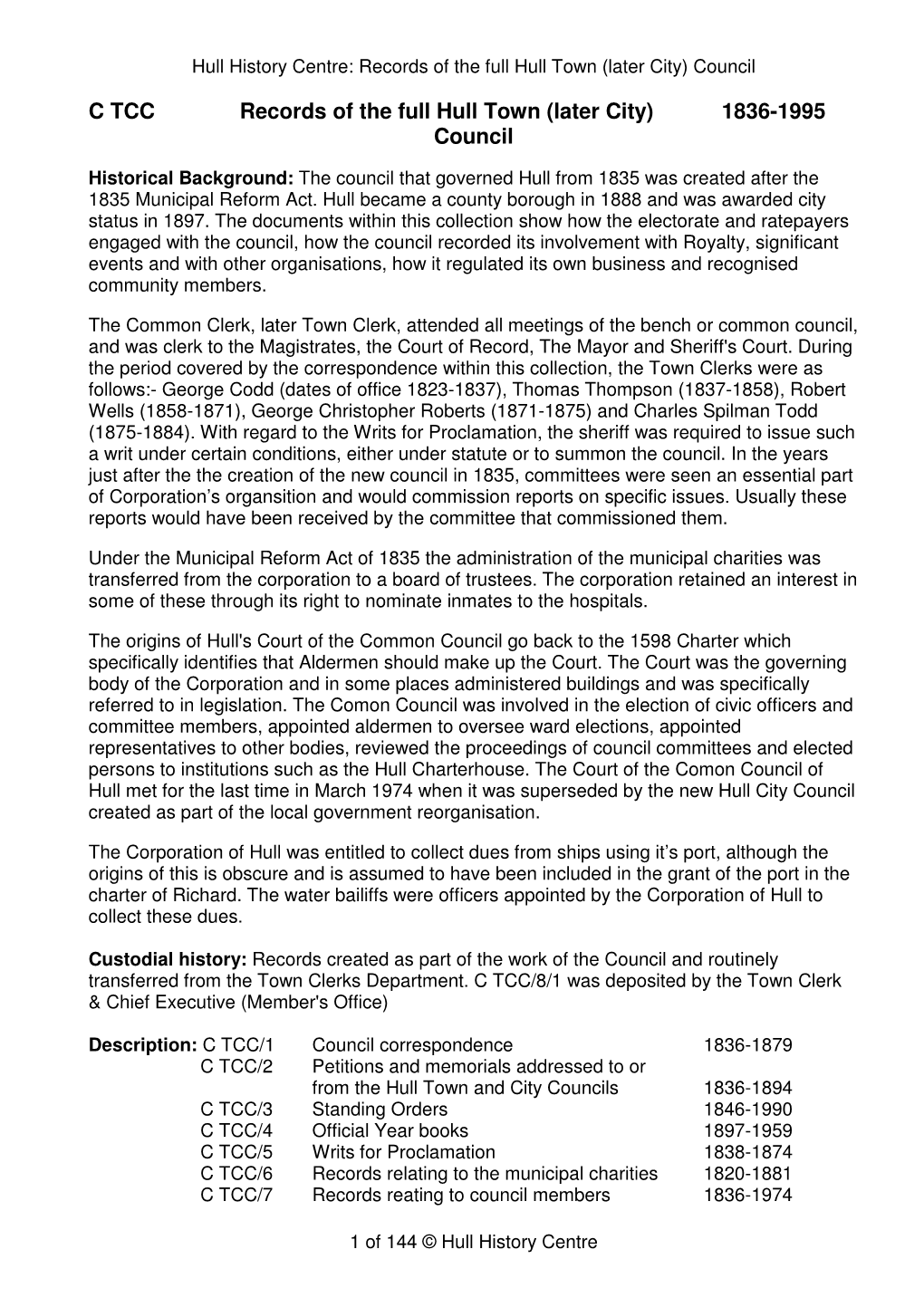 C TCC Records of the Full Hull Town (Later City) 1836-1995 Council