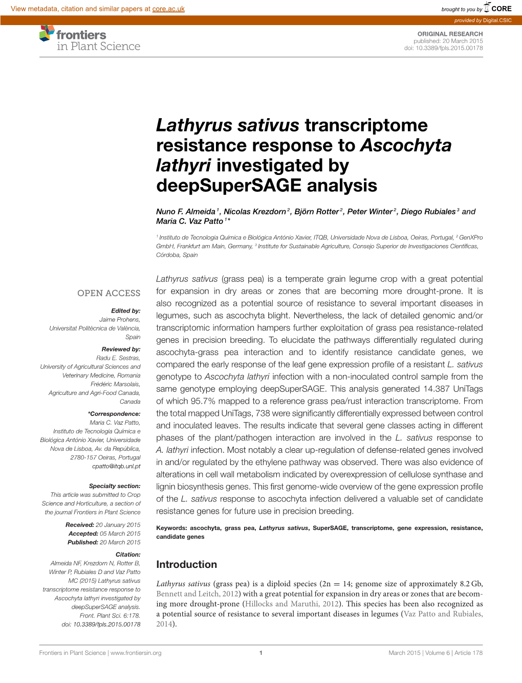 Lathyrus Sativus Transcriptome Resistance Response to Ascochyta Lathyri Investigated by Deepsupersage Analysis