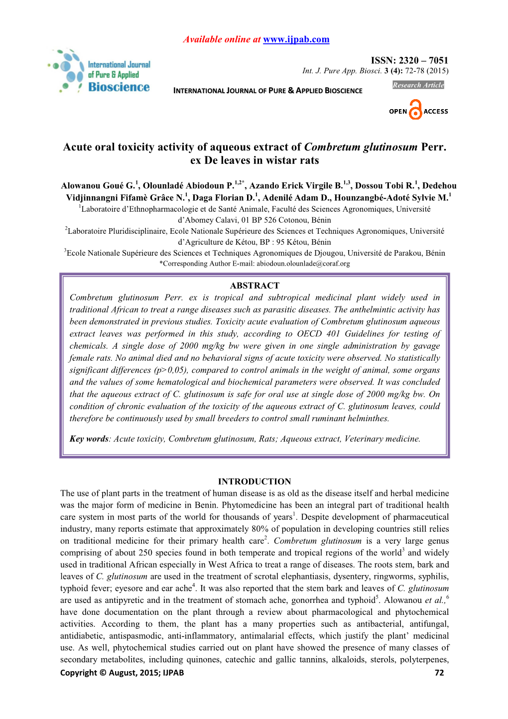 Acute Oral Toxicity Activity of Aqueous Extract of Combretum Glutinosum Perr