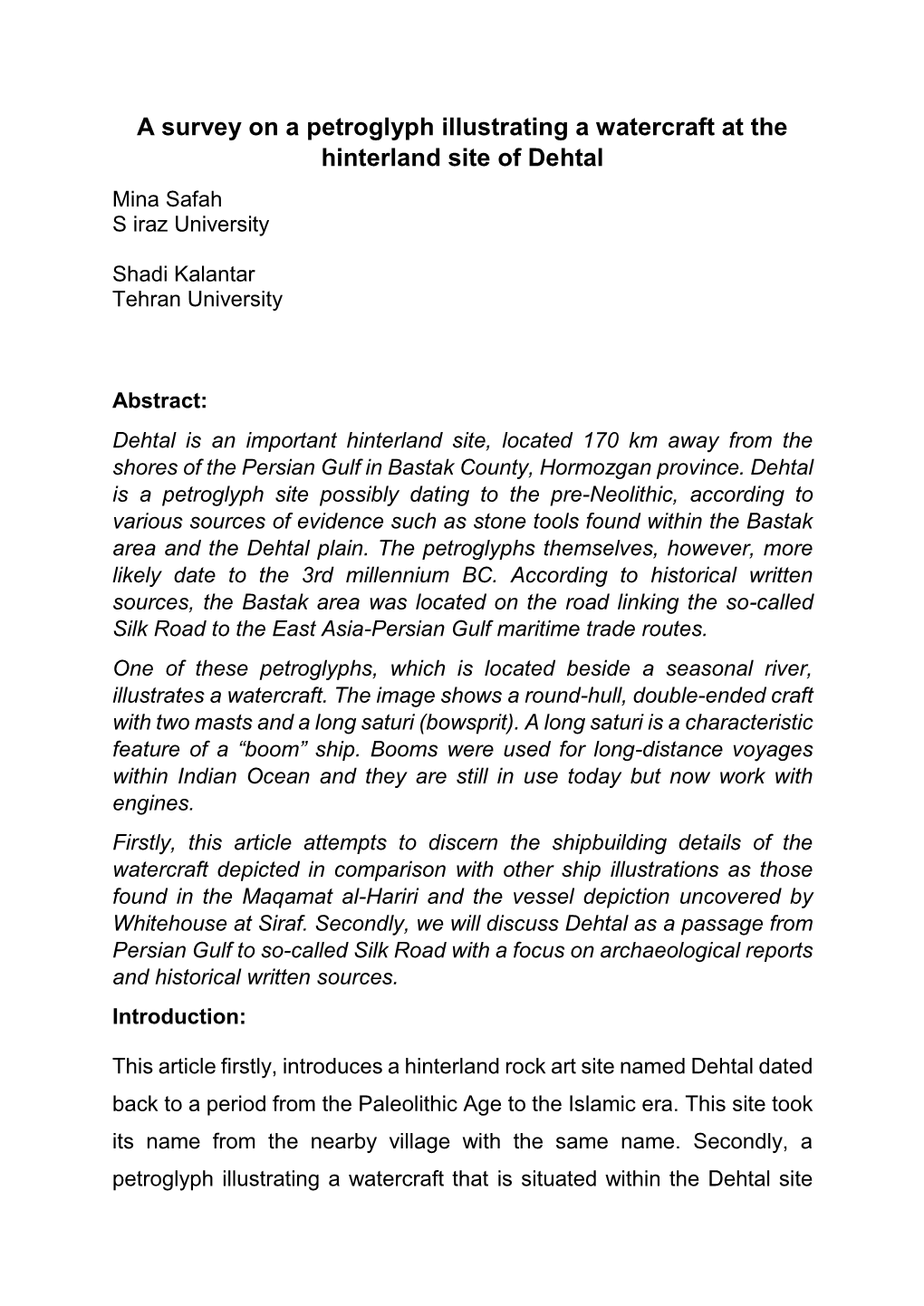 A Survey on a Petroglyph Illustrating a Watercraft at the Hinterland Site of Dehtal Mina Safah S Iraz University