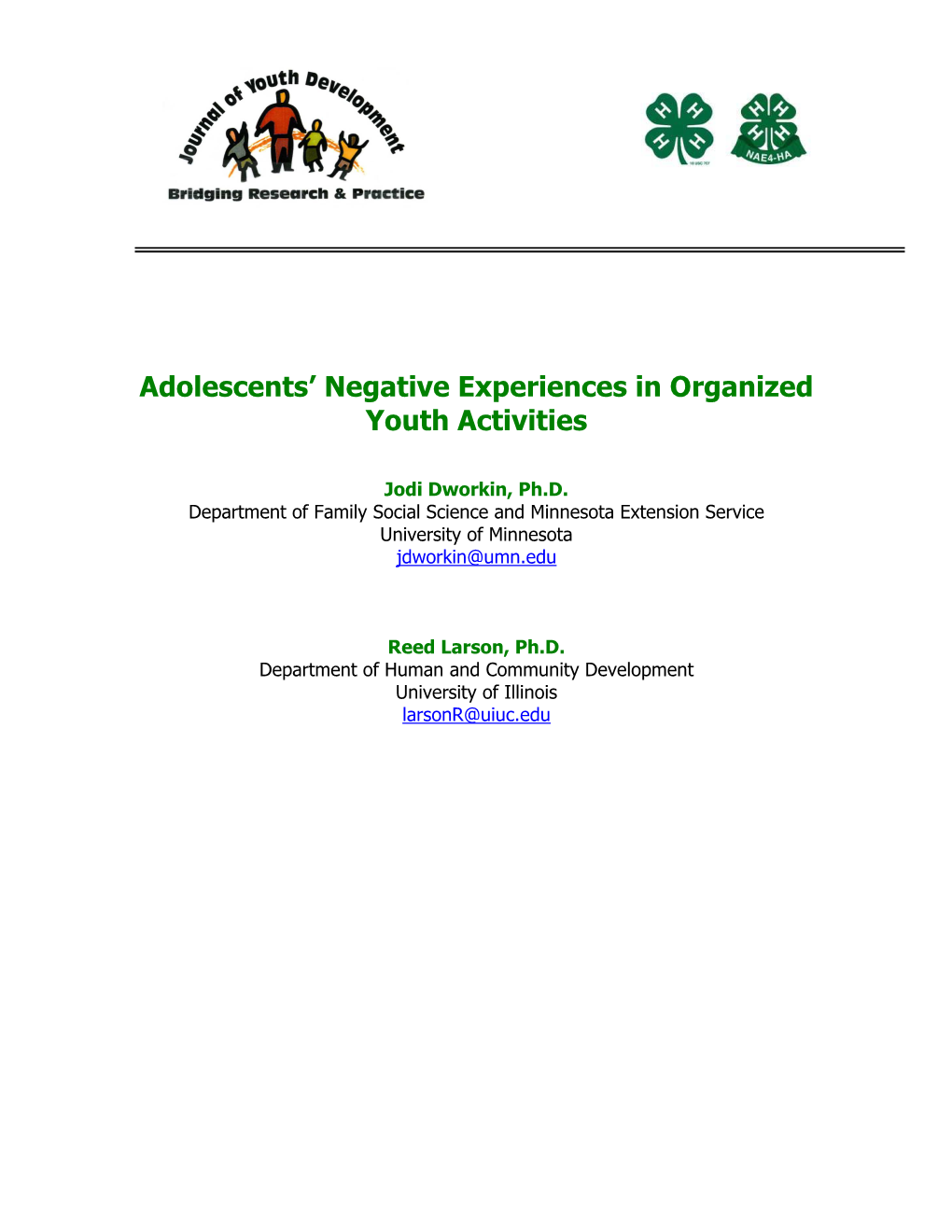 Adolescents' Negative Experiences in Organized Youth Activities