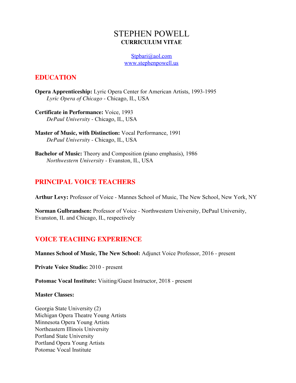 Stephen Powell Curriculum Vitae