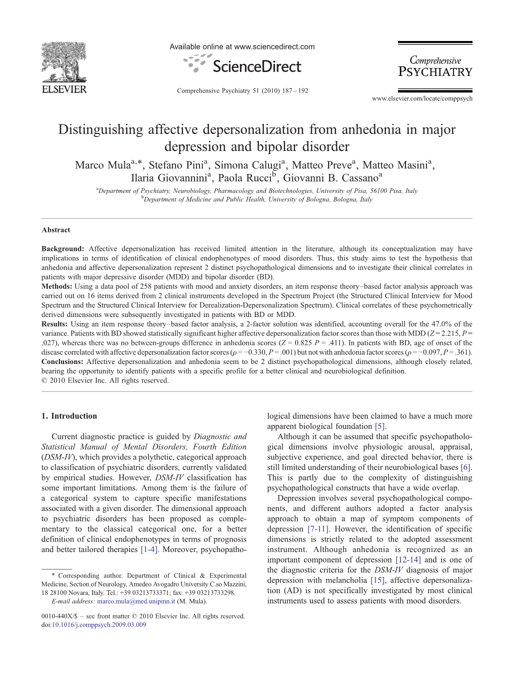 Distinguishing Affective Depersonalization from Anhedonia