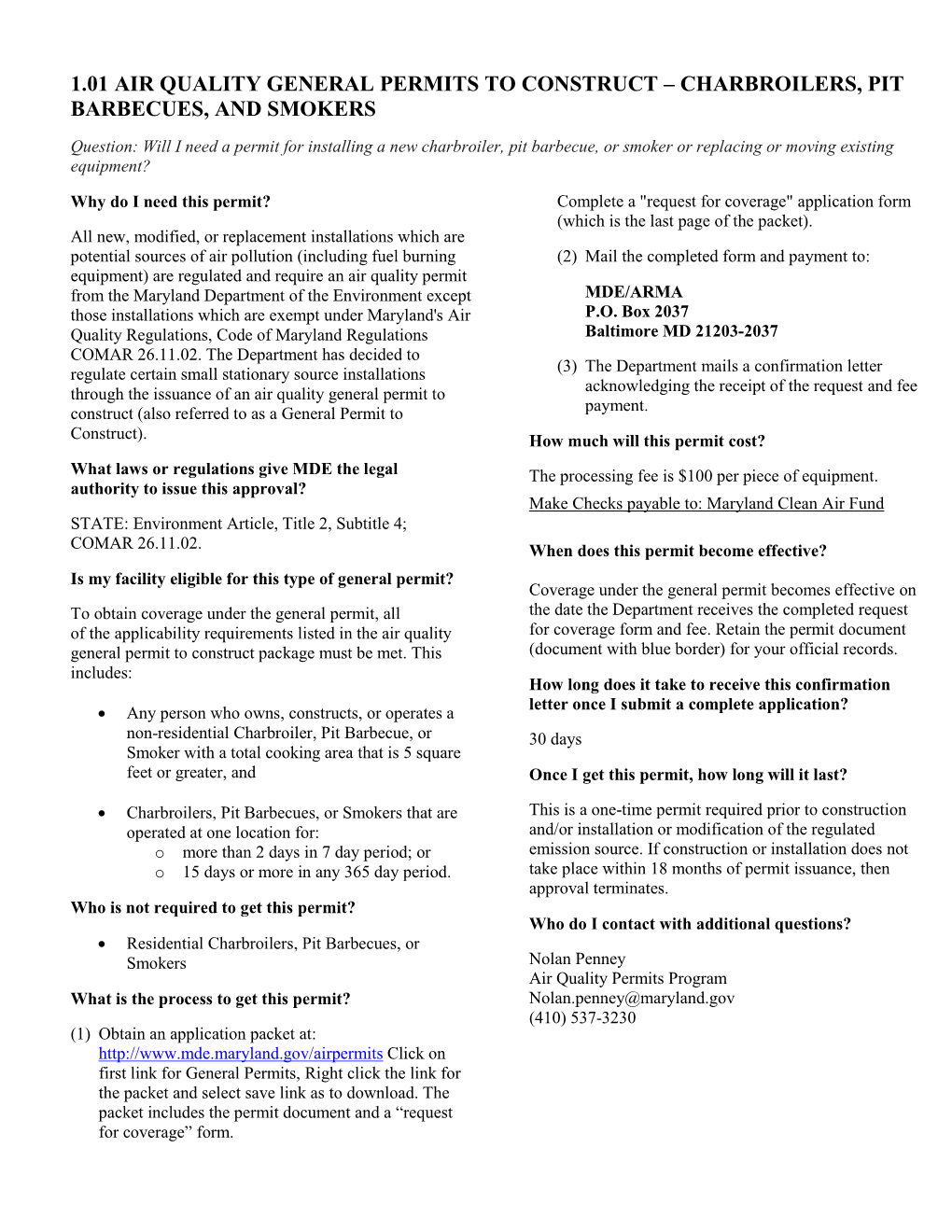 1.01 Air Quality General Permits to Construct – Charbroilers, Pit Barbecues, and Smokers