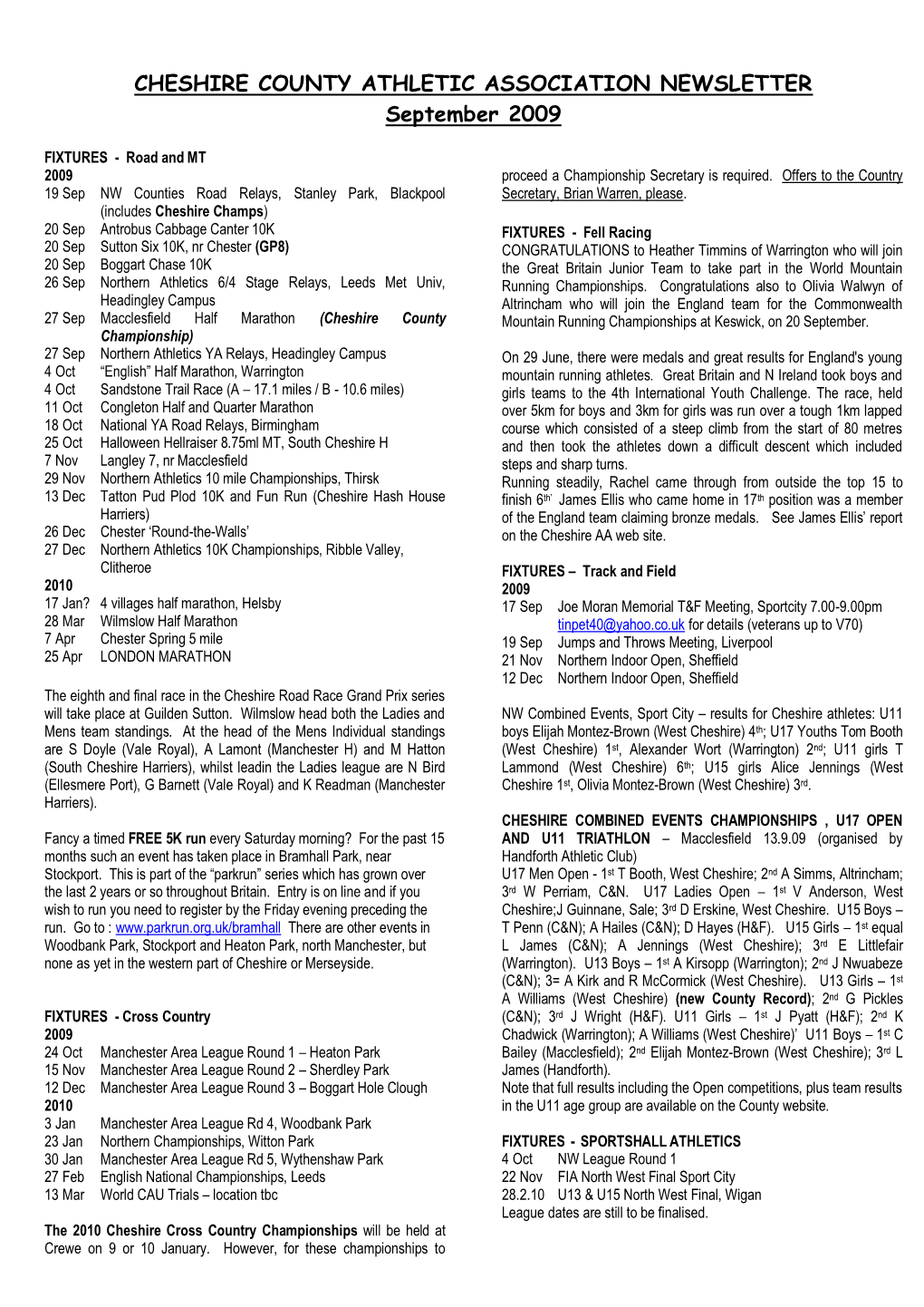 CHESHIRE COUNTY ATHLETIC ASSOCIATION NEWSLETTER September 2009