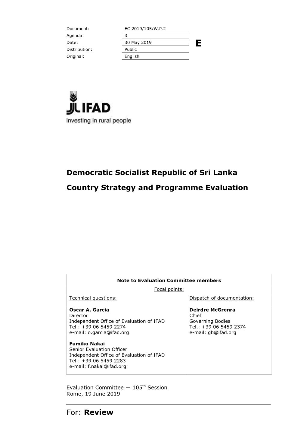 For: Review Democratic Socialist Republic of Sri Lanka Country