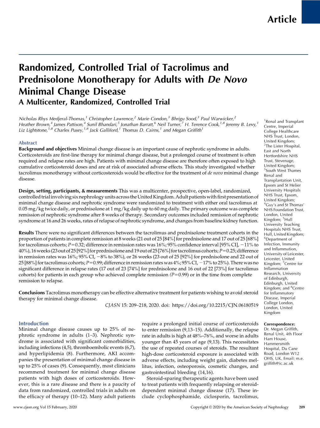 Article Randomized, Controlled Trial of Tacrolimus and Prednisolone