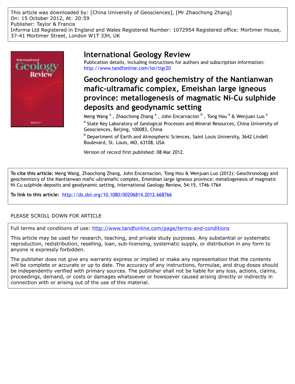 Geochronology and Geochemistry of the Nantianwan Mafic–Ultramafic