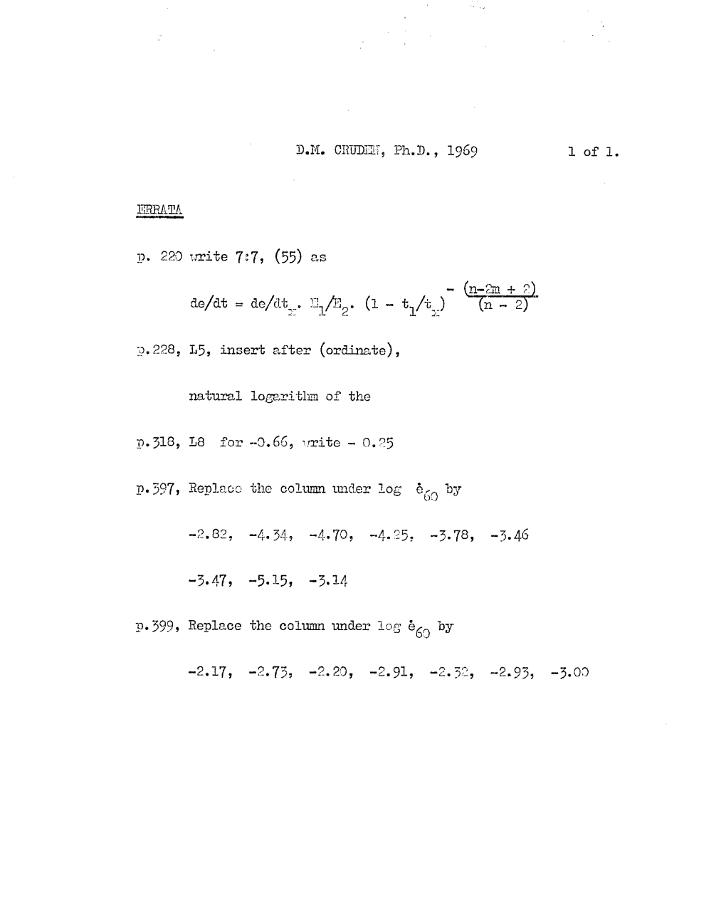 DH CRUDII, Ph.D., 1969 1 of 1. ERRATA P. 220 Write