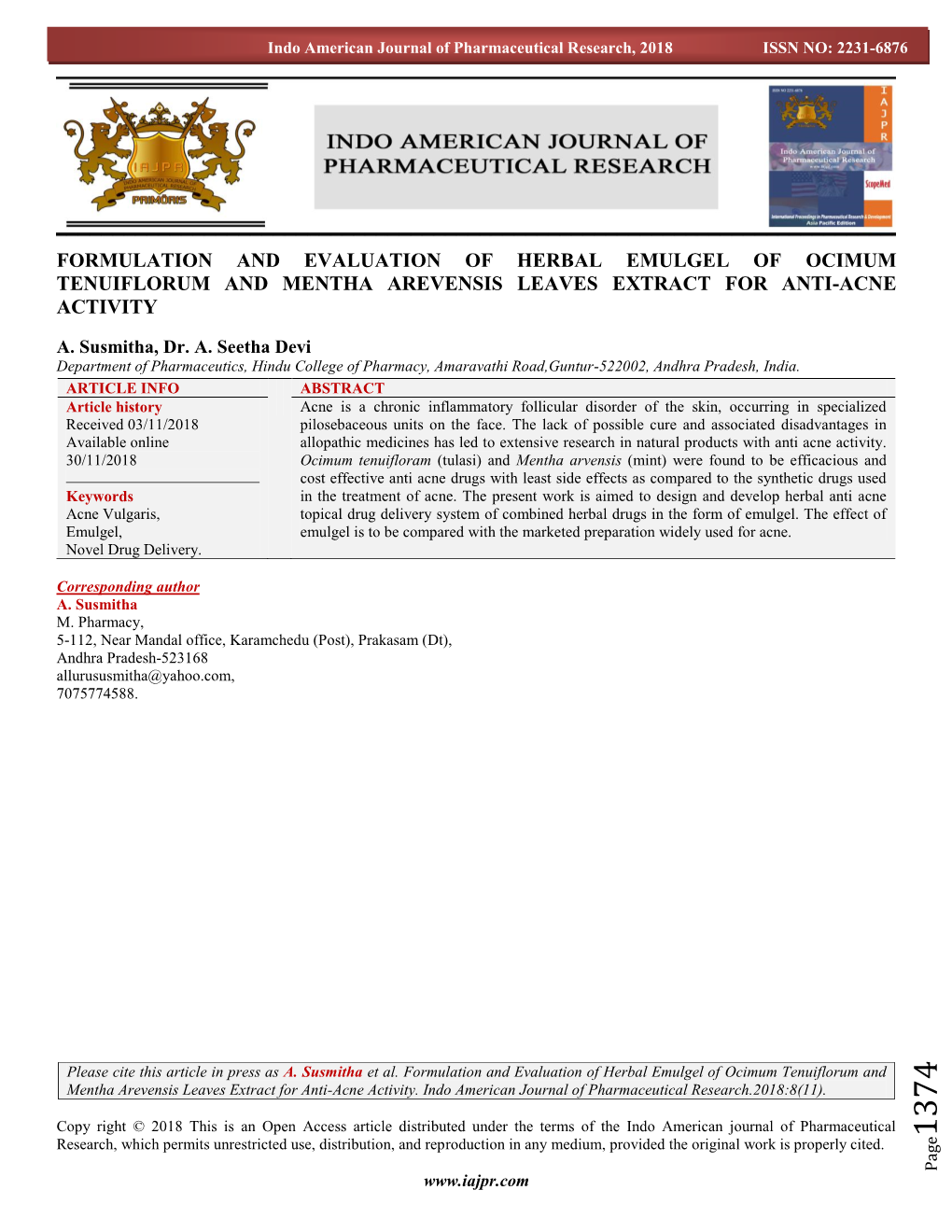 Formulation and Evaluation of Herbal Emulgel of Ocimum Tenuiflorum and Mentha Arevensis Leaves Extract for Anti-Acne Activity