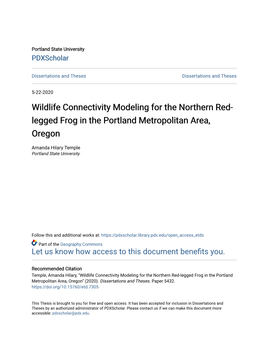 Wildlife Connectivity Modeling for the Northern Red-Legged Frog in the Portland Metropolitan Area, Oregon