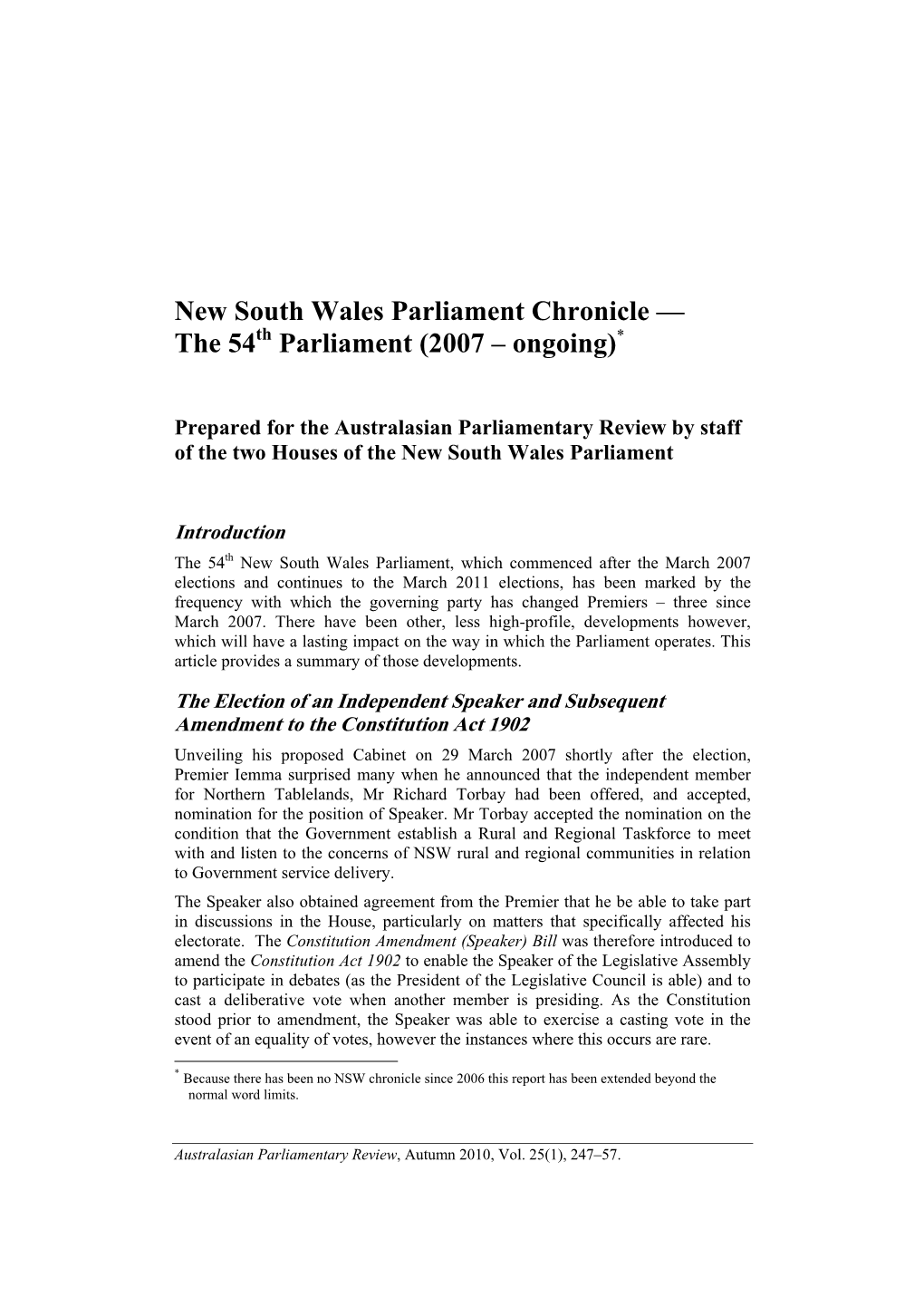 New South Wales Parliament Chronicle — the 54Th Parliament (2007 – Ongoing)*